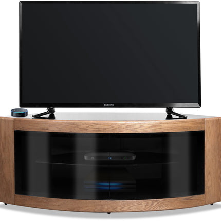 Centurion Supports PANGEA Black Oak Beam-Thru Glass Doors Curved Unit Tru-Corner 32"-50" TV Cabinet - Grade A