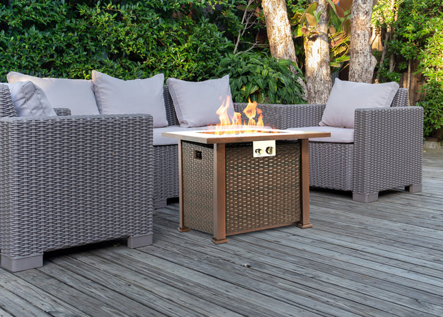 MDA Designs Ostara Stylish Bronze Wicker Garden and Patio Gas Fire Pit Multi-Purpose Glass Tabletop Outdoor Smoke-Free Heater