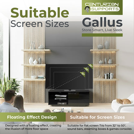 Centurion Supports Gallus High Gloss Black TV Stand with 2 Drawers and 3-Shelves Modern Entertainment Unit for TVs up to 55 Inch - FULLY ASSEMBLED