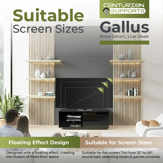 Centurion Supports Gallus High Gloss Black TV Stand with 2 Drawers and 3-Shelves Modern Entertainment Unit for TVs up to 55 Inch - FULLY ASSEMBLED