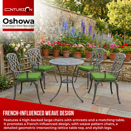 Centurion Supports OSHOWA Luxurious Garden and Patio Table and 4 Large Chairs with Armrests Cast Aluminium Bistro Set - Grey with Green Cushions