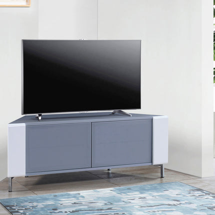 MDA Designs CORVUS Corner-Friendly Grey BeamThru Glass Doors with White Profiles Contemporary Cabinet for Flat Screen TVs up to 50"