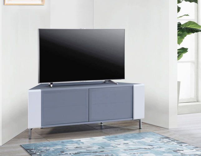 MDA Designs CORVUS Corner-Friendly Grey BeamThru Glass Doors with White Profiles Contemporary Cabinet for Flat Screen TVs up to 50"