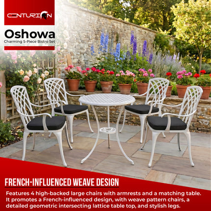 Centurion Supports OSHOWA Luxurious Garden and Patio Table and 4 Large Chairs with Armrests Cast Aluminium Bistro Set - White with Black Cushions