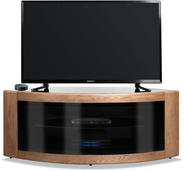 Centurion Supports PANGEA Black Oak Beam-Thru Glass Doors Curved Unit Tru-Corner 32"-50" TV Cabinet - Grade A