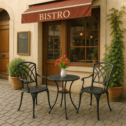 Centurion Supports OSHOWA Luxurious Garden and Patio Table and 2 Large Chairs with Armrests Cast Aluminium Bistro Set - Black
