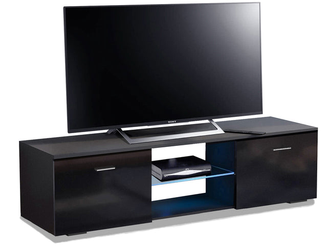 MDA Designs Auriga Black Modern TV Cabinet for Flat TV Screens of up to 65" Entertainment Unit with Shelves and Built-in Blue LED Lights - Grade A