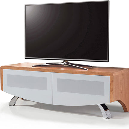 MDA Designs WAVE 1200 Oak with White Glass Hybrid BeamThru Remote-Friendly up to 60" Flat Screen Tv Cabinet - Grade A