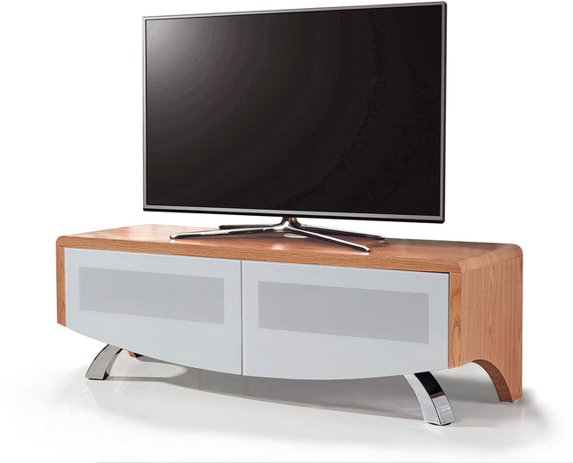 MDA Designs WAVE 1200 Oak with White Glass Hybrid BeamThru Remote-Friendly up to 60" Flat Screen Tv Cabinet - Grade A