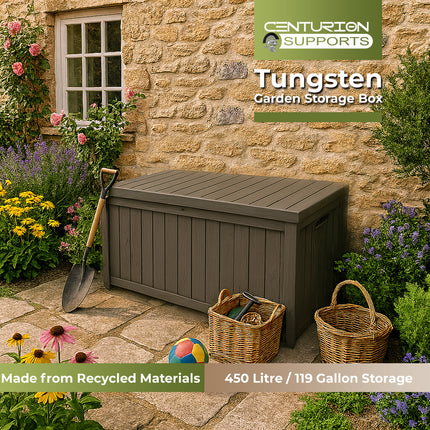 Centurion Supports TUNGSTEN 450 Litre 119 Gallon Waterproof Extra Large Lockable Easy-Open Garden Storage Box Outdoor Organiser in Grey