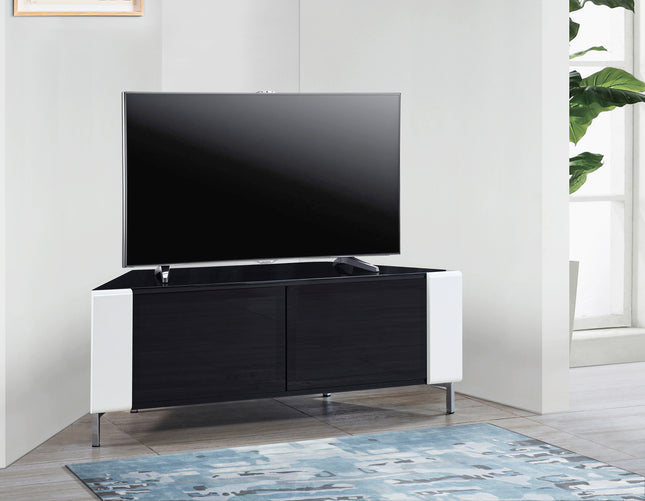 MDA Designs CORVUS Corner-Friendly Gloss Black Contemporary Cabinet with White Profiles Black BeamThru Glass Doors Suitable for Flat Screen TVs up to 50"