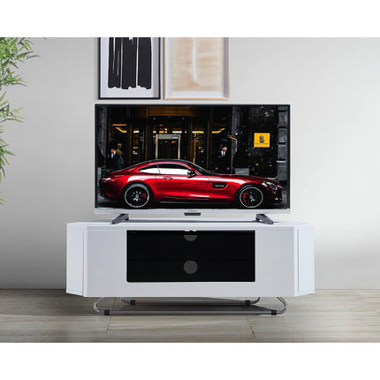 Centurion Supports Hampshire Corner-Friendly Gloss White with Black Contrast Beam-Thru Remote Friendly Door 26"-50" Flat Screen TV Cabinet