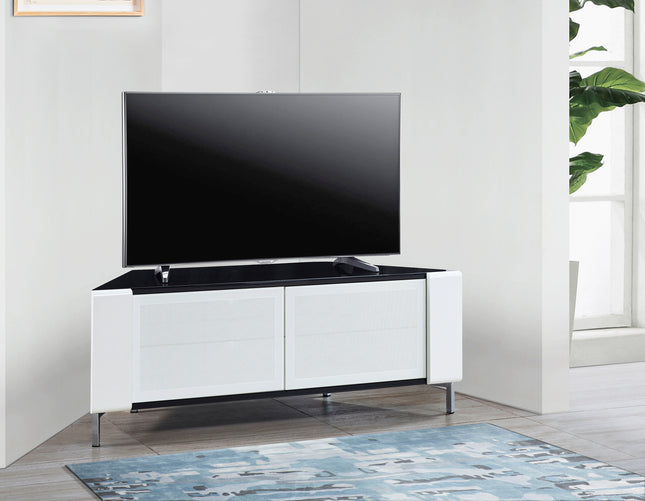 MDA Designs CORVUS Corner-Friendly Gloss Black Contemporary Cabinet with White Profiles White BeamThru Glass Doors Suitable for Flat Screen TVs up to 50"