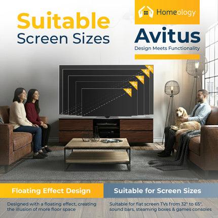 Homeology Avitus High Gloss Black with 4-Walnut Drawers & 3-Shelf 32"-65" LED/OLED/LCD TV Cabinet - Fully Assembled