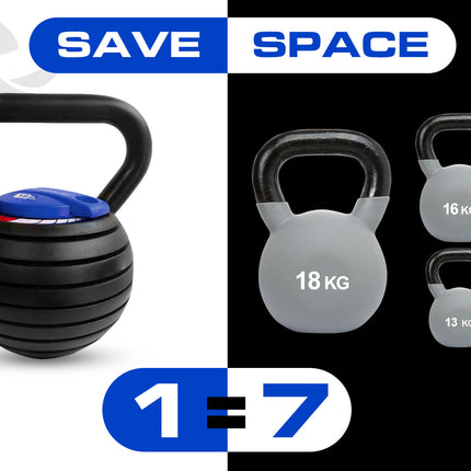 Strongology Hercules18 7-in-1 Adjustable Smart Kettlebell up to 18kg Black with Blue Dial Home Fitness Gym Equipment - Grade A