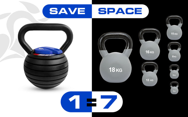 Strongology Hercules18 7-in-1 Adjustable Smart Kettlebell up to 18kg Black with Blue Dial Home Fitness Gym Equipment - Grade A