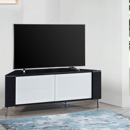 MDA Designs CORVUS Corner-Friendly Gloss Black Contemporary Cabinet with Black Profiles White BeamThru Glass Doors Suitable for Flat Screen TVs up to 50"