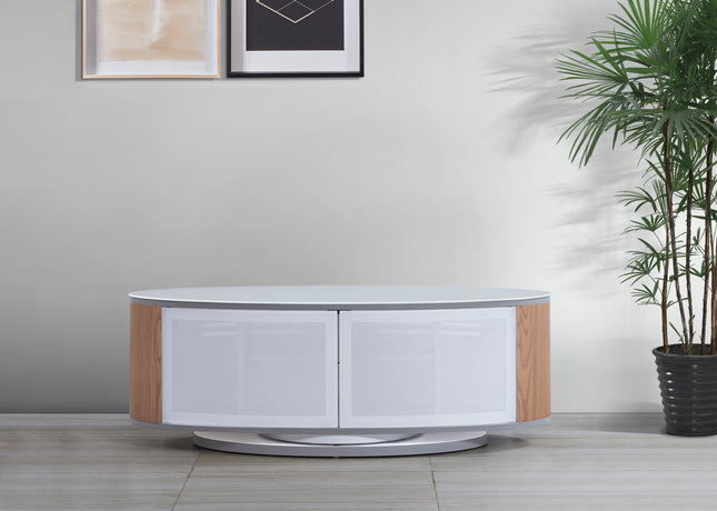 MDA Designs LUNA Gloss White Oval Cabinet with Oak Profiles White BeamThru Glass Doors Suitable for Flat Screen TVs up to 50"