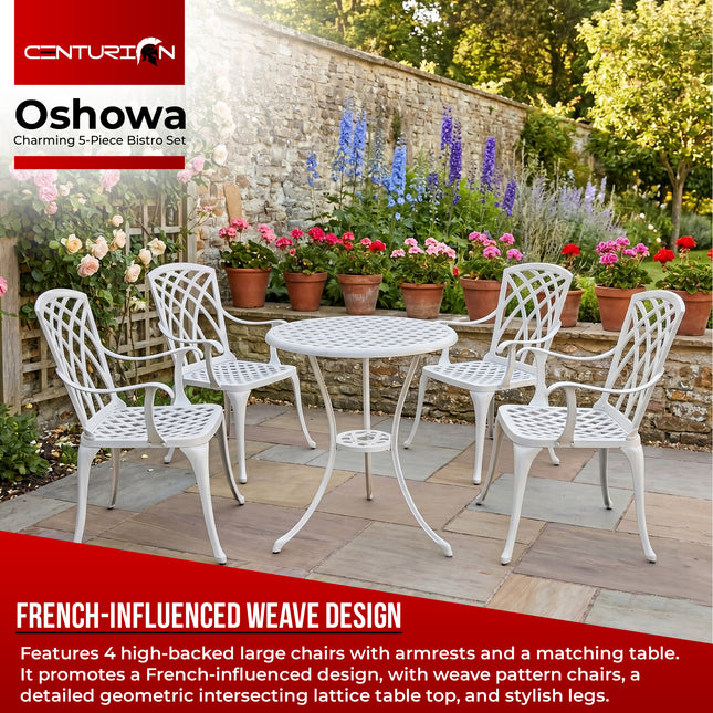 Centurion Supports OSHOWA Luxurious Garden and Patio Table and 4 Large Chairs with Armrests Cast Aluminium Bistro Set - White