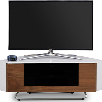 Centurion Supports Hampshire Corner-Friendly Gloss White with Walnut Contrast Beam-Thru Remote Friendly Door 26"-50" Flat Screen TV Cabinet