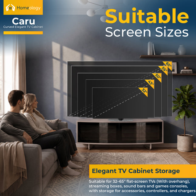 Homeology CARU Greige Remote Friendly Super-Contemporary "D" Shape Design 32"-65" Flat Screen TV Cabinet