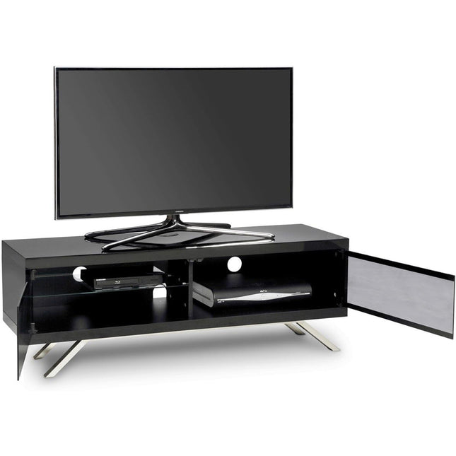 MDA Designs TUCANA 1200 HYBRID Black TV Stand BeamThru Remote-Friendly Doors up to 60" Flat Screen TV Multimedia Cabinet