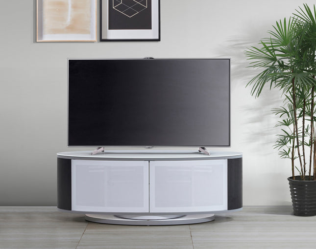MDA Designs LUNA Gloss White Oval Cabinet with Black Profiles and White BeamThru Glass Doors Suitable for Flat Screen TVs up to 50"