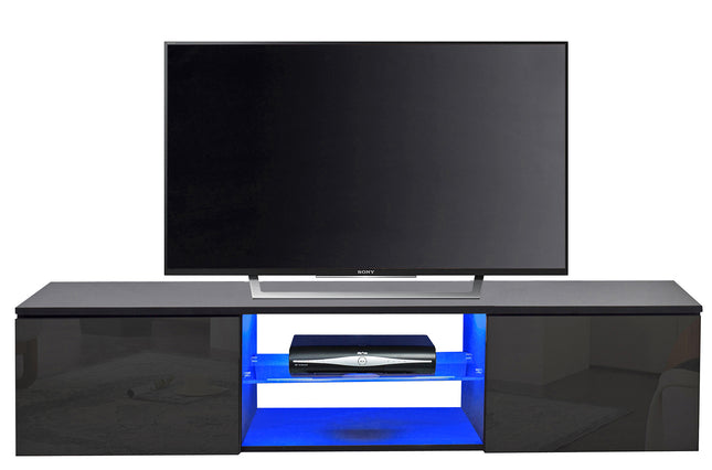 MDA Designs Ara Gloss Black Floating Modern TV Cabinet for Flat TV Screens of up to 65" Wall-Mounted Entertainment Unit with Built-in Blue LED Lights