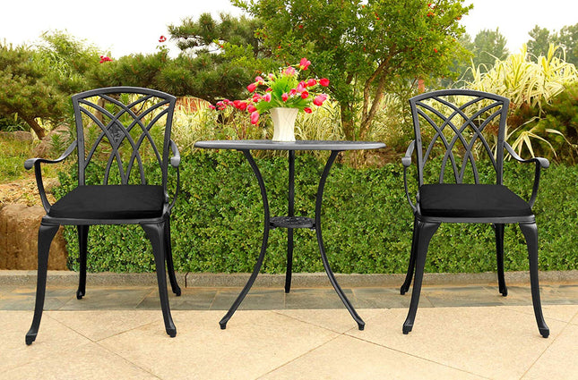 Centurion Supports OSHOWA Garden and Patio Table and 2 Large Chairs with Armrests Cast Aluminium Bistro Set - Black Cushions