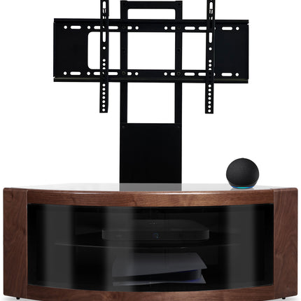 Centurion Supports PANGEA Black/Walnut Beam-Thru Curved True-Corner 32"-50" TV Cabinet with Mounting Arm