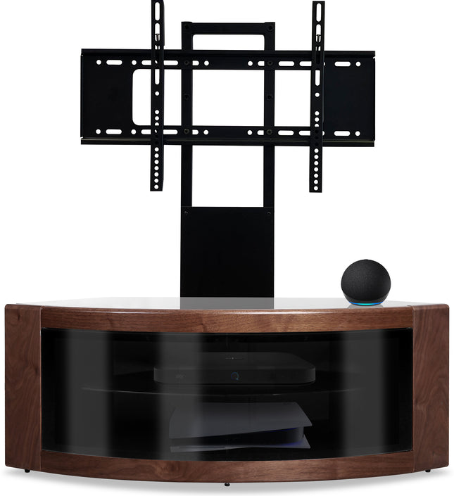 Centurion Supports PANGEA Black/Walnut Beam-Thru Curved True-Corner 32"-50" TV Cabinet with Mounting Arm