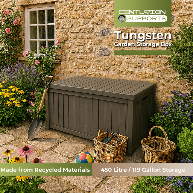 Centurion Supports TUNGSTEN 450 Litre 119 Gallon Waterproof Extra Large Lockable Easy-Open Garden Storage Box Outdoor Organiser in Grey