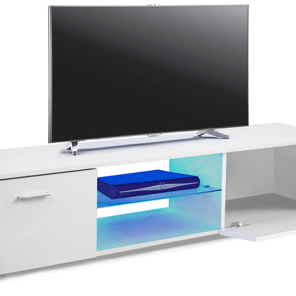 MDA Designs Auriga White Modern TV Cabinet for Flat TV Screens of up to 65" Entertainment Unit with Shelves and Built-in Blue LED Lights