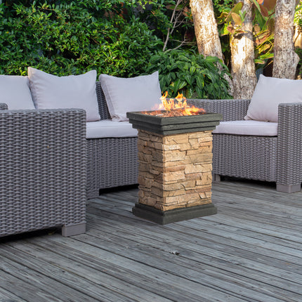 MDA Designs Makara Hand-crafted Stone Fire Column Garden and Patio Smoke-Free Gas Fire Pit Outdoor Heater