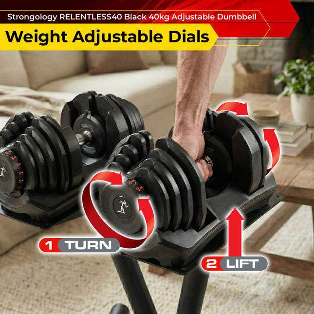 Strongology RELENTLESS40 Adjustable Smart Dumbbell Pair from 5kg to 40kg Home Fitness Training Weights in Black - Grade A