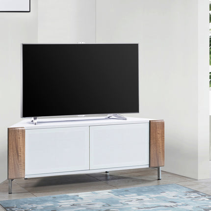 MDA Designs CORVUS Corner-Friendly Gloss White Contemporary Cabinet with Walnut Profiles White BeamThru Glass Doors Suitable for Flat Screen TVs up to 50"