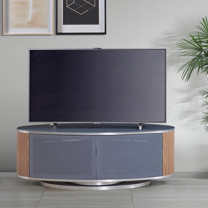 MDA Designs LUNA Grey Oval Cabinet with Oak Profiles & Grey BeamThru Glass Doors Suitable for Flat Screen TVs up to 50"