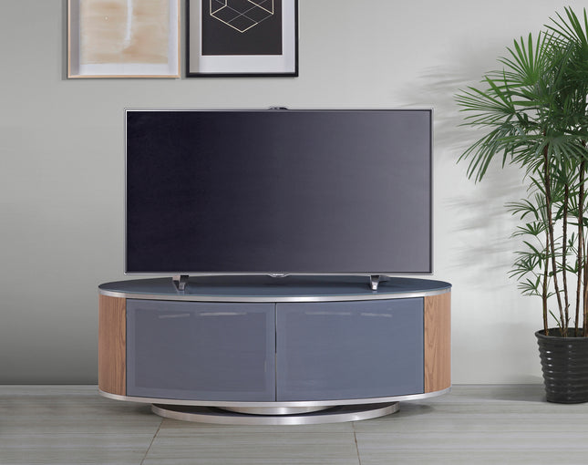 MDA Designs LUNA Grey Oval Cabinet with Oak Profiles & Grey BeamThru Glass Doors Suitable for Flat Screen TVs up to 50"