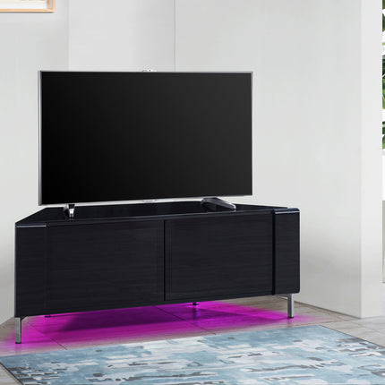 MDA Designs CORVUS Corner-Friendly Gloss Black Cabinet with Black BeamThru Glass Doors Suitable for Flat Screen TVs up to 50" with 16 Colour LED Lights