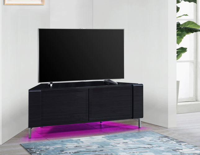 MDA Designs CORVUS Corner-Friendly Gloss Black Cabinet with Black BeamThru Glass Doors Suitable for Flat Screen TVs up to 50" with 16 Colour LED Lights