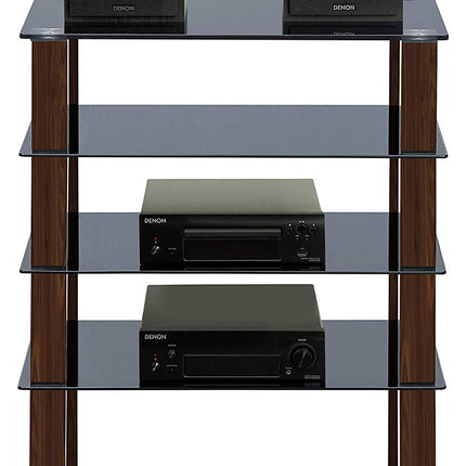 Centurion Supports TRINITY Gloss Black 5 Shelf with Walnut Legs Flat Screen TV Rack Glass Stand