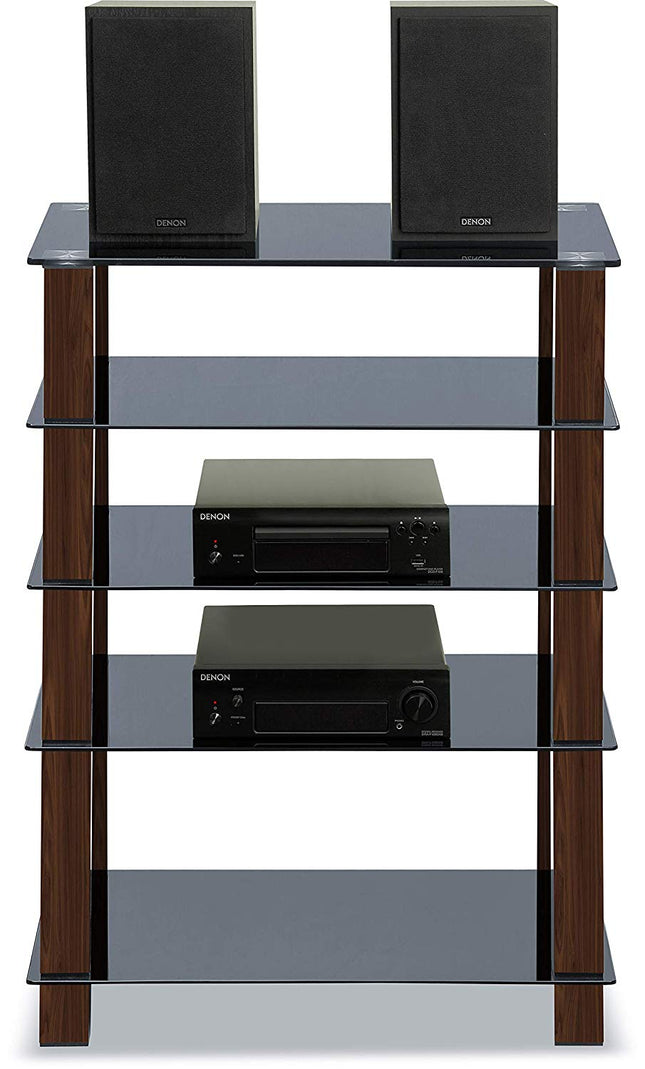 Centurion Supports TRINITY Gloss Black 5 Shelf with Walnut Legs Flat Screen TV Rack Glass Stand