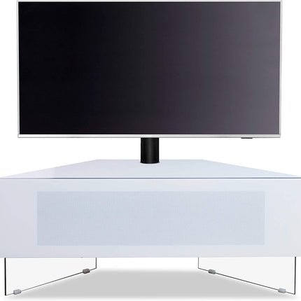 MDA Designs Antares HYBRID White Corner-Friendly with Clear Acrylic Legs Hover Effect & Remote-Friendly Glass Door TV Cabinet with Mounting Bracket