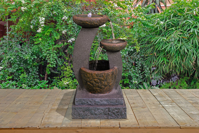 MDA Designs Shinto Outdoor 3-Tier Water Feature - Cascading Bowls with LED Lights Garden Fountain