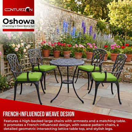 Centurion Supports OSHOWA Garden and Patio Table and 4 Large Chairs with Armrests Cast Aluminium Bistro Set - Green cushions