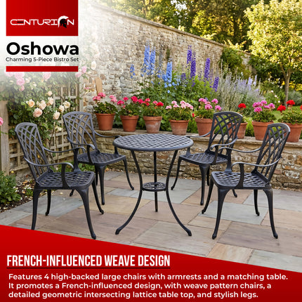 Centurion Supports OSHOWA Garden and Patio Table and 4 Large Chairs with Armrests Cast Aluminium Bistro Set - Black