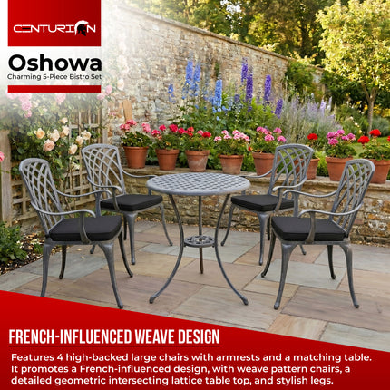 Centurion Supports OSHOWA Luxurious Garden and Patio Table and 4 Large Chairs with Armrests Cast Aluminium Bistro Set - Grey with Black Cushions