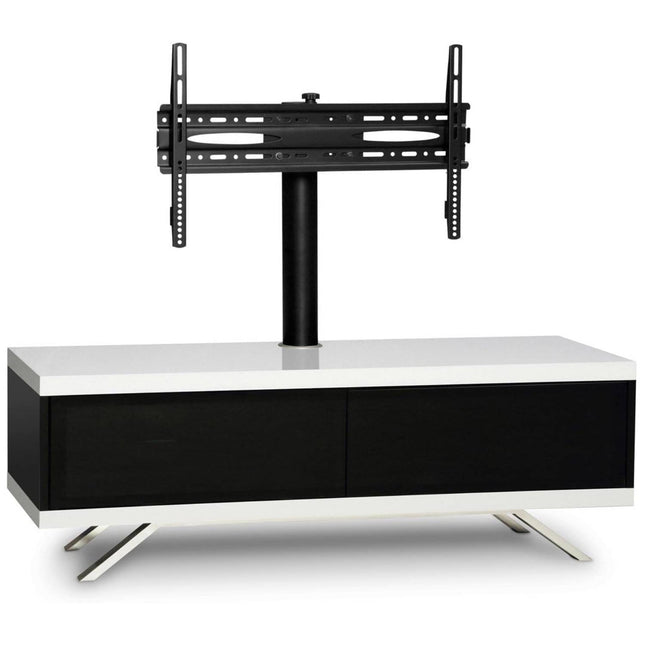 MDA Designs TUCANA 1200 Hybrid Black White TV Stand BeamThru Remote-Friendly Doors up to 60" Flat Screen TV Cabinet with Mounting Arm
