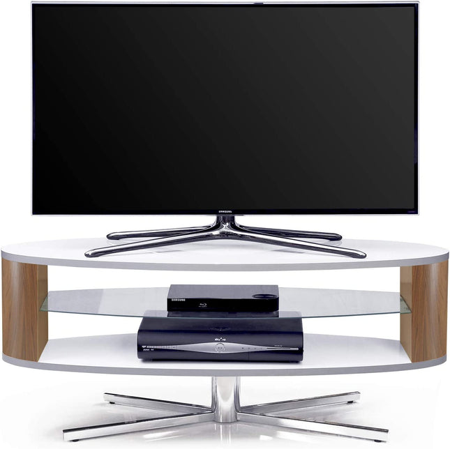 MDA Designs Orbit 1100WWA Gloss White TV Stand with Walnut Elliptic Sides for Flat Screen TVs up to 55"