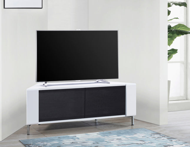MDA Designs CORVUS Corner-Friendly Gloss White Contemporary Cabinet with White Profiles Black BeamThru Glass Doors Suitable for Flat Screen TVs up to 50"